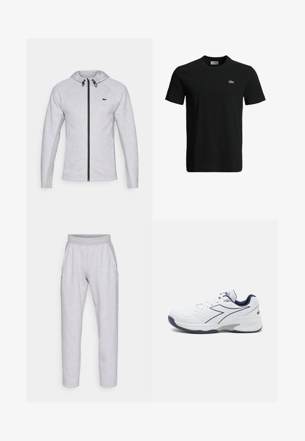 Pelēka kapuce ar rāvējslēdzēju, kurai ir melns rāvējslēdzējs un aukla. Tekstūrēti sānu paneļi un zaļa logo uz krūškurvja pilnveido dizainu.; Melna kokvilnas T-krekls ar apaļu kakla izgriezumu, īsām piedurknēm un mazu zaļu krokodila logotipu kreisajā krūtī. Gluda tekstūra, ikdienišķs dizains.; Gaiši pelēki sporta bikses, kas izgatavotas no mīkstas auduma, ar elastīgu jostu, divām sānu kabatām un sašaurinātām kājām ar apgrieztu apakšmalu.; Baltas sporta apģērbs ar jūras zila akcentiem, sietiņveida paneļiem un teksturētu zoli. Piedāvā šņorēšanas dizainu un izteiktu sānu logotipa detaļu.