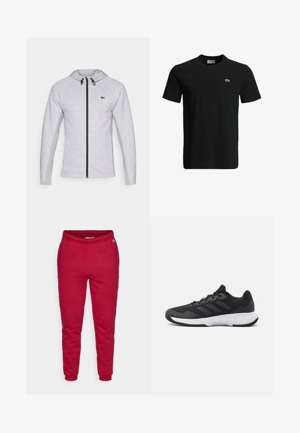 Grå hettegenser med glidelås, med svart glidelås og snor. Teksturområder på sidene og en grønn logo på brystet fullfører designet.; Svart bomulls T-skjorte med rund hals, korte ermer, og en liten grønn krokodille-logo på venstre bryst. Glatt tekstur, uformelt design.; Røde joggebukser laget av myk stoff, med elastisk midjebånd og avsmalnede mansjetter. Sidestroppene viser tekst i kontrasterende farger.; Svart idrettssko med teksturert overdel, tre horisontale striper, og en hvit såle med mønstret gummibunn. Lettvekts og strømlinjeformet design.