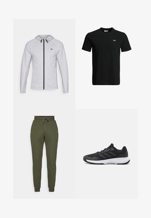 Sudadera gris con cremallera, que presenta una cremallera y cordón negros. Paneles laterales texturizados y un logo verde en el pecho completan el diseño.; Camiseta de algodón negra con cuello redondo, mangas cortas y un pequeño logo de cocodrilo verde en el lado izquierdo del pecho. Textura suave, diseño casual.; Pantalones de chándal verde oliva hechos de material suave, con cintura elástica y cordón, piernas ajustadas y bolsillos laterales. Diseño simple y sólido.; Zapatilla deportiva negra con una parte superior texturizada, tres franjas horizontales y una suela blanca con un dibujo en su superficie. Diseño ligero y aerodinámico.