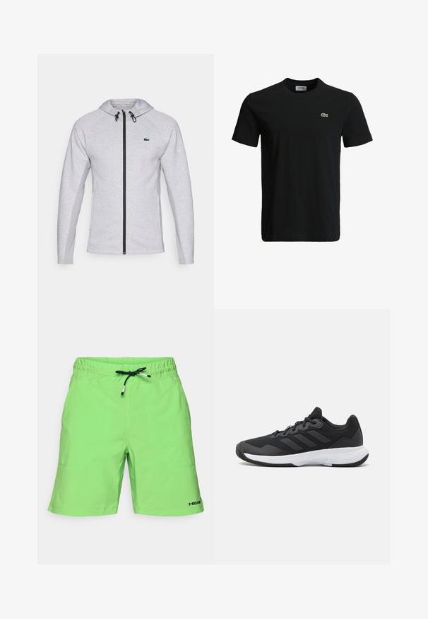 Moletom cinza com fecho, apresentando um zíper preto e cordão. Painéis laterais texturizados e um logótipo verde no peito completam o design.; T-shirt de algodão preto com decote redondo, mangas curtas e um pequeno logotipo de crocodilo verde no lado esquerdo do peito. Textura suave, design casual.; Calções verde-claro com cintura elástica, cordão preto ajustável e detalhe de logótipo. Textura suave com bolsos laterais.; Sapatilha atlética preta com um upper texturizado, três riscas horizontais e uma sola branca com um padrão de piso. Design leve e aerodinâmico.