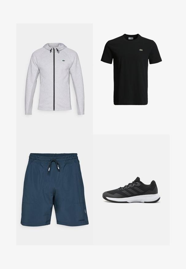 Moletom cinza com fecho, apresentando um zíper preto e cordão. Painéis laterais texturizados e um logótipo verde no peito completam o design.; T-shirt de algodão preto com decote redondo, mangas curtas e um pequeno logotipo de crocodilo verde no lado esquerdo do peito. Textura suave, design casual.; Calções de banho azul-marinho feitos de tecido leve, com cintura elástica, fecho por cordão e bolsos laterais. Logótipo da marca exibido.; Sapatilha atlética preta com um upper texturizado, três riscas horizontais e uma sola branca com um padrão de piso. Design leve e aerodinâmico.