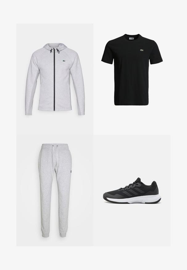 Šedá mikina s kapucňou a zipsom, vybavená čiernym zipsom a šnúrkou na stiahnutie. Textúrované bočné panely a zelené logo na hrudi dotvárajú dizajn.; Čierne bavlnené tričko s okrúhlym výstrihom, krátkymi rukávmi a malým zeleným logo krokodíla na ľavej hrudi. Hladká textúra, ležérny dizajn.; Svetlosivé tepláky s nastaviteľným pásom, manžetami na členkoch a malým čiernym logom na ľavej strane. Vyrobené z mäkkej, textúrovanej látky.; Čierna atletická topánka s textúrovaným zvrškom, s tromi horizontálnymi pruhmi a bielou podrážkou s vzorovaným profilom. Ľahký a aerodynamický dizajn.