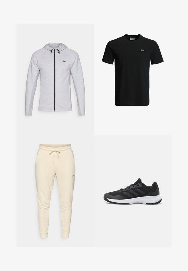 Graue Kapuzenjacke mit Reißverschluss, ausgestattet mit einem schwarzen Reißverschluss und Kordelzug. Texturierte Seitenpaneele und ein grünes Logo auf der Brust vervollständigen das Design.; Schwarzes Baumwoll-T-Shirt mit Rundhalsausschnitt, kurzen Ärmeln und einem kleinen grünen Krokodil-Logo auf der linken Brust. Glatte Textur, lässiges Design.; Cremfarbene Sweatpants aus weichem Stoff, mit einem elastischen Bund mit Kordelzug, seitlichen Taschen und gerippten Bündchen.; Schwarzer Sportschuh mit strukturiertem Obermaterial, drei horizontalen Streifen und einer weißen Sohle mit einem gemusterten Profil. Leicht und schlank im Design.
