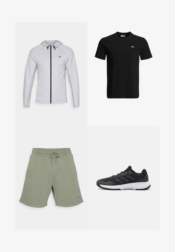 Pelēka kapuce ar rāvējslēdzēju, kurai ir melns rāvējslēdzējs un aukla. Tekstūrēti sānu paneļi un zaļa logo uz krūškurvja pilnveido dizainu.; Melna kokvilnas T-krekls ar apaļu kakla izgriezumu, īsām piedurknēm un mazu zaļu krokodila logotipu kreisajā krūtī. Gluda tekstūra, ikdienišķs dizains.; Pelēki zaļi kokvilnas šorti ar elastīgu jostu, ar virknes detaļām, sānu kabatām un iešūtiem malām. Tīrs dizains ar minimālu zīmolu.; Melna sporta apavi ar teksturētu virsu, trim horizontālām svītrām un baltu zoli ar rakstainu protektoru. Viegls un plūstošs dizains.
