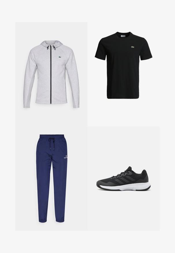 Szürke kapucnis pulóver cipzárral, fekete cipzárral és húzózsinórral. A texturált oldalsó panelek és a zöld logó a mellkason teszik teljessé a dizájnt.; Fekete pamut póló kerek nyakkivágással, rövid ujjakkal és egy kis zöld krokodil logóval a bal mellen. Sima textúra, laza dizájn.; Sötétkék sportnadrág, könnyű anyagból készült. Rugalmas derékrésszel és zsinórral rendelkezik, valamint a combján egy kis logó található.; Fekete sportcipő, amely texturált felsőrésszel, három vízszintes csíkkal és mintázott talppal ellátott fehér talppal rendelkezik. Könnyű és áramvonalas dizájn.