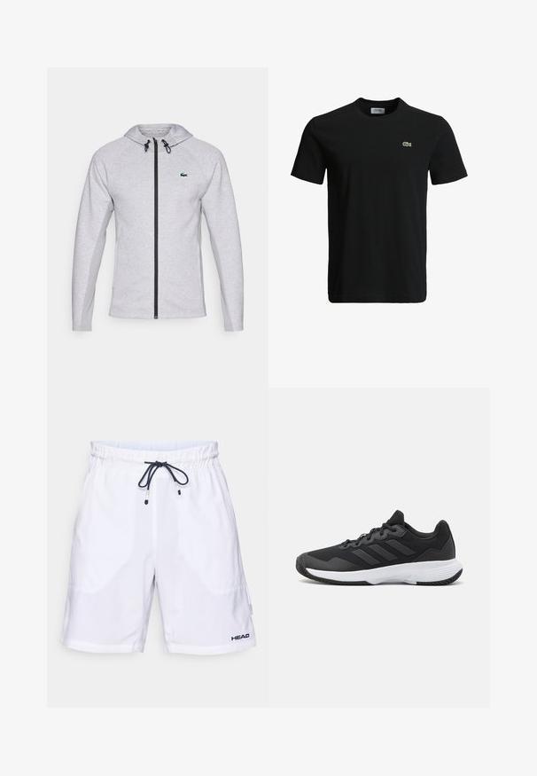 Sivá kapuca z zadrgo, ki ima črno zadrgo in vrvico. Teksturne stranske panele in zeleni logotip na prsih dopolnjujejo dizajn.; Črna bombažna majica s krožnim izrezom, kratkimi rokavi in majhnim zelenim krokodilovim logotipom na levem prsnem delu. Gladka tekstura, sproščen dizajn.; Bele kratke kopalke z vrvico v pasu in mornarsko modrimi detajli, z stranskimi žepi in logotipom na spodnjem levem delu. Lahek material.; Črne atletske čevlje s teksturirano zgornjim delom, tremi vodoravnimi črtami in belim podplatom z vzorčnim profilom. Lahka in aerodinamika oblika.