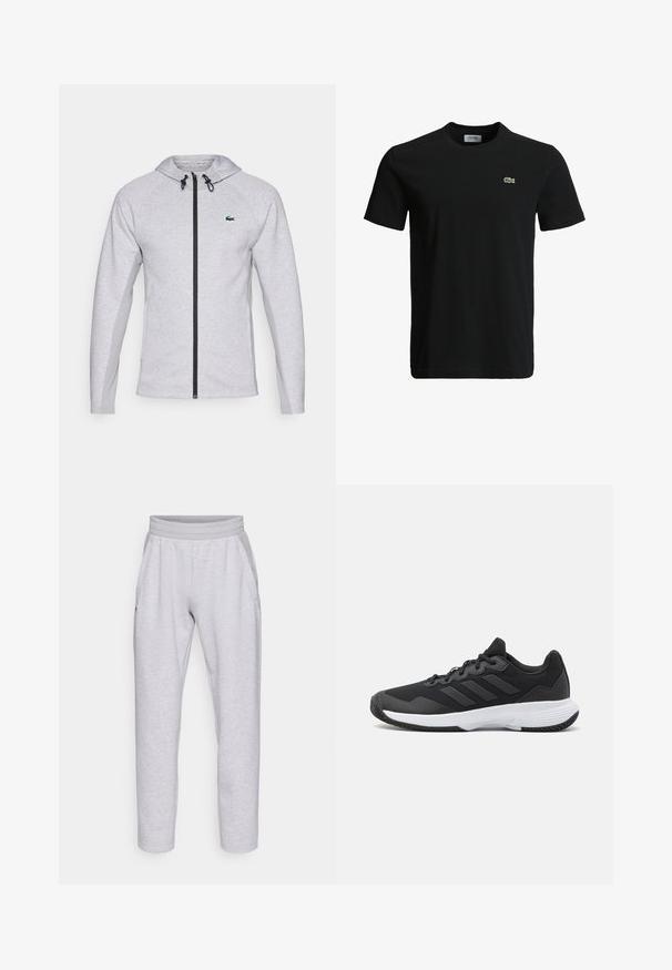 Grå huvtröja med dragkedja, med svart dragkedja och snodd. Texturerade sidopaneler och en grön logotyp på bröstet fulländar designen.; Svart bomull t-shirt med rundad halsringning, korta ärmar och en liten grön krokodil-logotyp på vänster bröst. Slät textur, avslappnad design.; Ljusgrå mjukisbyxor i mjukt tyg, med resårmidja, två sidofickor och smala ben med manschett.; Svart idrottssko med en texturerad ovandel, tre horisontella ränder och en vit sula med ett mönstrat grepp. Lätt och strömlinjeformad design.