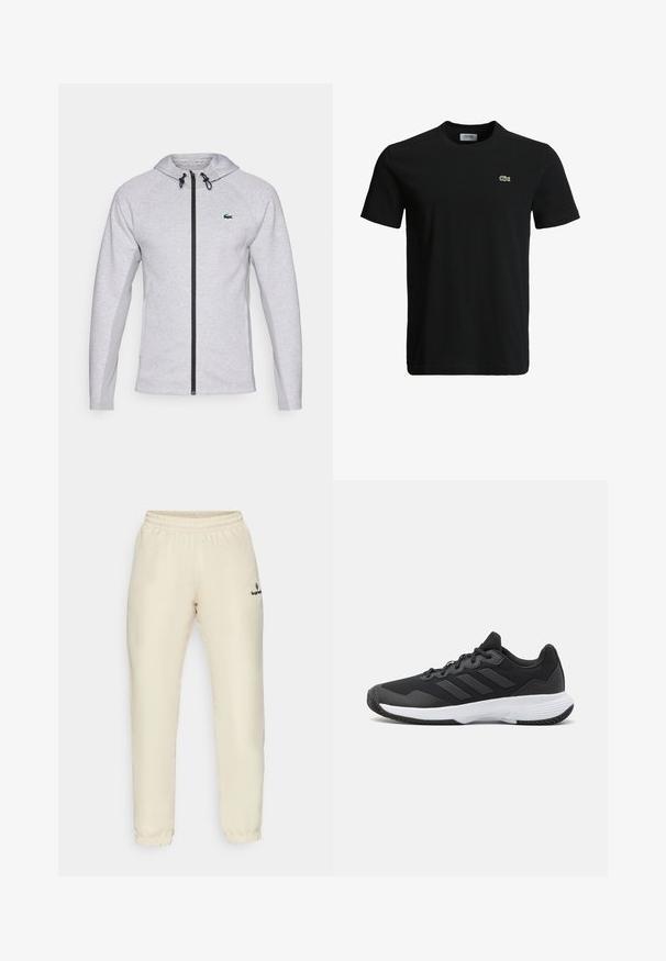 Grå hettegenser med glidelås, med svart glidelås og snor. Teksturområder på sidene og en grønn logo på brystet fullfører designet.; Svart bomulls T-skjorte med rund hals, korte ermer, og en liten grønn krokodille-logo på venstre bryst. Glatt tekstur, uformelt design.; Beige joggebukser med elastisk midje og en glatt tekstur. Har samlede mansjetter og en liten svart logo på venstre side.; Svart idrettssko med teksturert overdel, tre horisontale striper, og en hvit såle med mønstret gummibunn. Lettvekts og strømlinjeformet design.