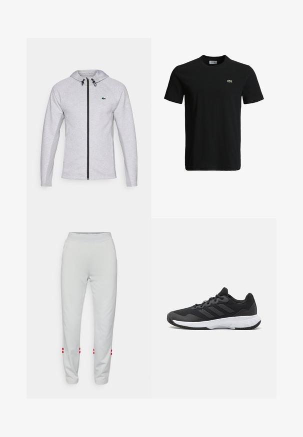Šedá mikina s kapucí a zipem, vybavená černým zipem a šňůrkou. Texturované boční panely a zelené logo na hrudi dotvářejí design.; Černé bavlněné tričko s kulatým výstřihem, krátkými rukávy a malým zeleným krokodýlem na levé hrudi. Hladká textura, neformální design.; Svetle šedé sportovní kalhoty s jemnou texturou, elastickým pasem a červenými dekorativními pruhy blízko lemů. Bez viditelných kapes.; Černá sportovní obuv s texturovaným svrškem, třemi vodorovnými pruhy a bílou podrážkou s vzorovaným profilem. Lehký a aerodynamický design.