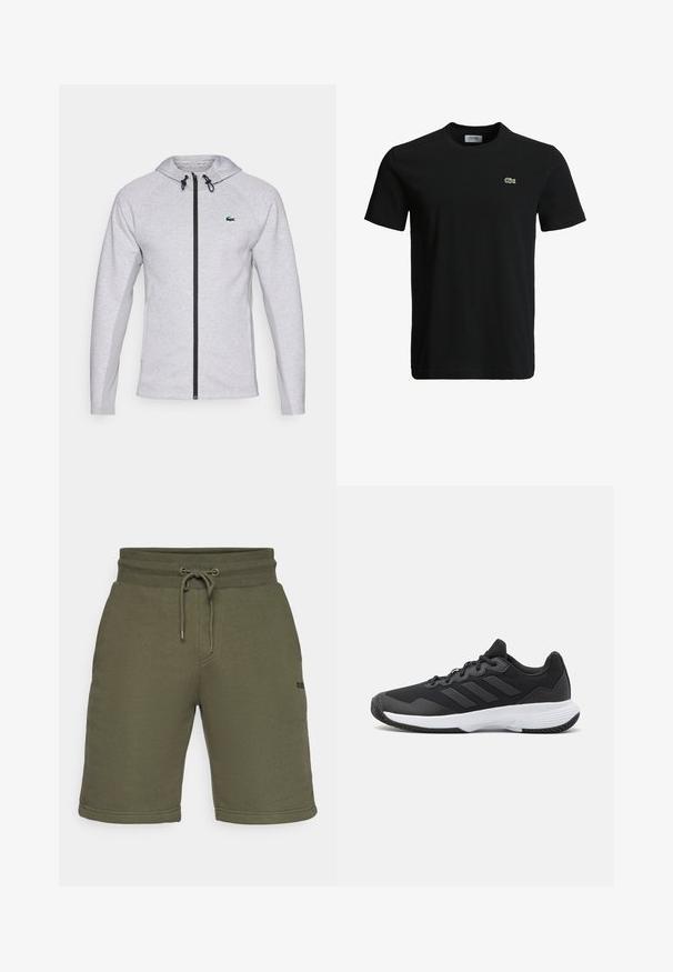 Pilkas džemperis su užtrauktuku, turintis juodą užtrauktuką ir raištelį. Tekstūruoti šoniniai skydeliai ir žalias logotipas krūtinėje užbaigia dizainą.; Juodas medvilninis marškinėliai su apvaliu kaklu, trumpomis rankovėmis ir mažu žaliu krokodilo logotipu kairėje krūtinės pusėje. Lygi tekstūra, kasdieniškas dizainas.; Alyvuogių žalios sportinės šortai su elastinga juosta, reguliuojama raišteliu, šoninėmis kišenėmis ir mažu logotipo akcentu ant apačios.; Juodas sportinis batelis su tekstūruota viršutine dalimi, trimis horizontaliomis juostelėmis ir baltu padu su raštuotu protektoriumi. Lengvas ir aerodinamiškas dizainas.