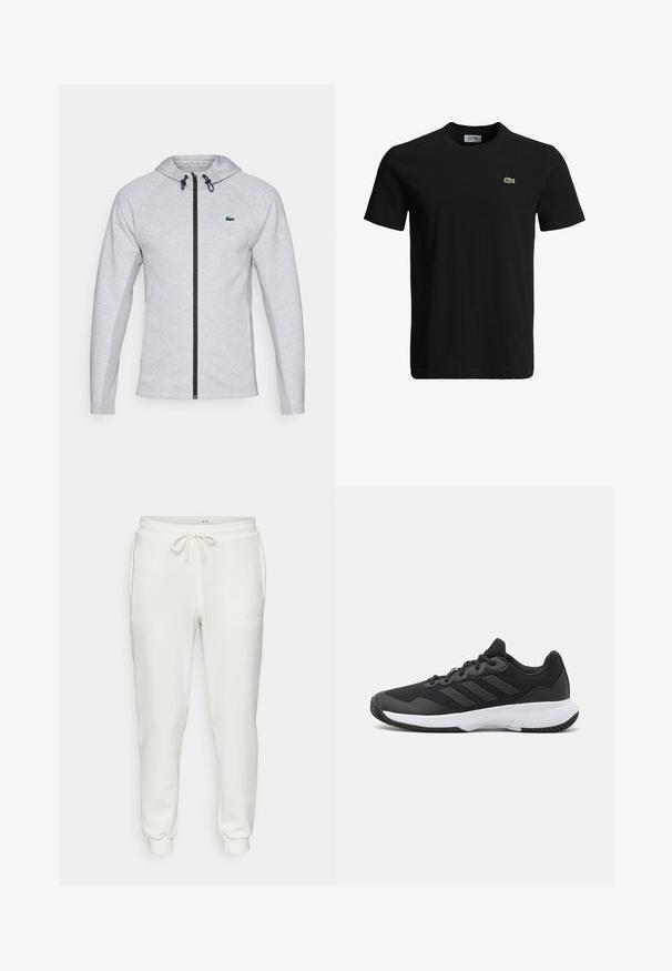 Sudadera gris con cremallera, que presenta una cremallera y cordón negros. Paneles laterales texturizados y un logo verde en el pecho completan el diseño.; Camiseta de algodón negra con cuello redondo, mangas cortas y un pequeño logo de cocodrilo verde en el lado izquierdo del pecho. Textura suave, diseño casual.; Pantalones de chándal blancos elaborados con un material suave, que cuentan con una cintura elástica con cordón, bolsillos laterales y puños acanalados en los tobillos.; Zapatilla deportiva negra con una parte superior texturizada, tres franjas horizontales y una suela blanca con un dibujo en su superficie. Diseño ligero y aerodinámico.