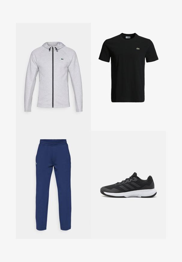 Moletom cinza com fecho, apresentando um zíper preto e cordão. Painéis laterais texturizados e um logótipo verde no peito completam o design.; T-shirt de algodão preto com decote redondo, mangas curtas e um pequeno logotipo de crocodilo verde no lado esquerdo do peito. Textura suave, design casual.; Calças de fato em azul marinho, feitas de algodão macio, com cintura elástica e pernas ajustadas. Pequeno logótipo bordado perto do quadril.; Sapatilha atlética preta com um upper texturizado, três riscas horizontais e uma sola branca com um padrão de piso. Design leve e aerodinâmico.
