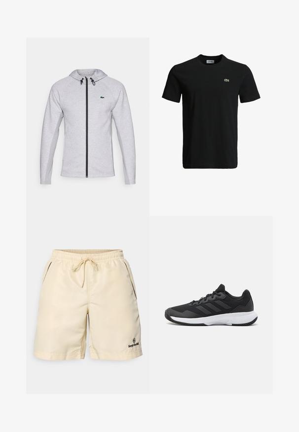 Moletom cinza com fecho, apresentando um zíper preto e cordão. Painéis laterais texturizados e um logótipo verde no peito completam o design.; T-shirt de algodão preto com decote redondo, mangas curtas e um pequeno logotipo de crocodilo verde no lado esquerdo do peito. Textura suave, design casual.; Calças de treino beje com cós elástico e cordão; apresentam bolsos laterais e um logótipo preto na parte inferior da perna esquerda. Textura suave.; Sapatilha atlética preta com um upper texturizado, três riscas horizontais e uma sola branca com um padrão de piso. Design leve e aerodinâmico.