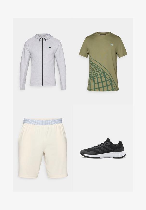 Šedá mikina s kapucí a zipem, vybavená černým zipem a šňůrkou. Texturované boční panely a zelené logo na hrudi dotvářejí design.; Olive zelené tričko vyrobené z hladkého materiálu, s nějakým zeleným geometrickým vzorem na jedné straně a malým logem Lacoste na hrudi.; Krémové šortky s elastickým pasem s modro-bílým kostkovaným vzorem. Hladká tkanina, délka ke kolenům, obyčejný lem.; Černá sportovní obuv s texturovaným svrškem, třemi vodorovnými pruhy a bílou podrážkou s vzorovaným profilem. Lehký a aerodynamický design.