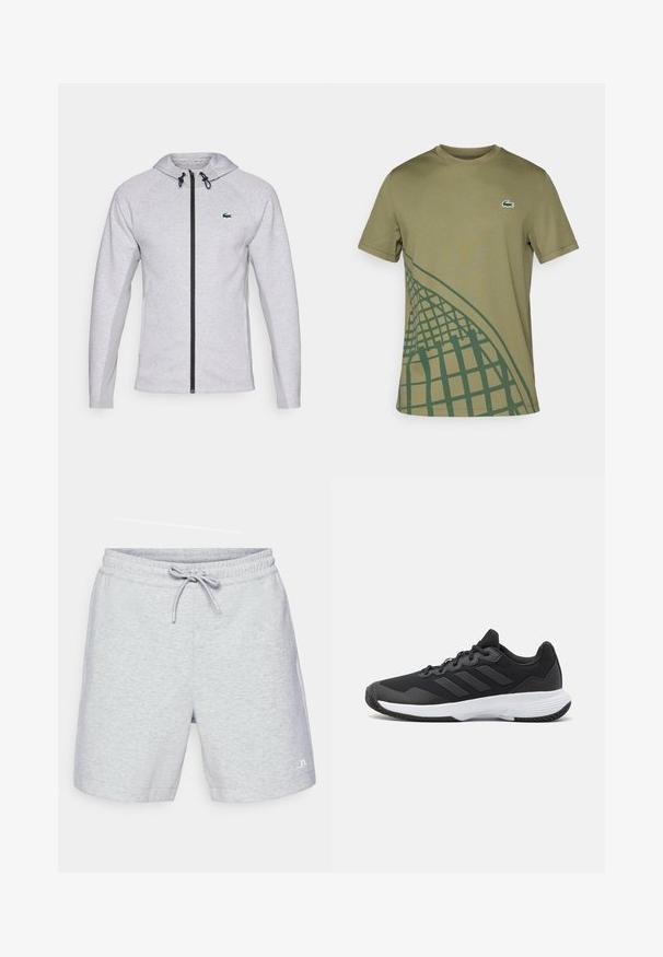 Šedá mikina s kapucí a zipem, vybavená černým zipem a šňůrkou. Texturované boční panely a zelené logo na hrudi dotvářejí design.; Olive zelené tričko vyrobené z hladkého materiálu, s nějakým zeleným geometrickým vzorem na jedné straně a malým logem Lacoste na hrudi.; Světlé šedé kraťasy vyrobené z měkké tkaniny, s elastickým pasem na šňůrku, bočními kapsami a malým logem na lemu.; Černá sportovní obuv s texturovaným svrškem, třemi vodorovnými pruhy a bílou podrážkou s vzorovaným profilem. Lehký a aerodynamický design.