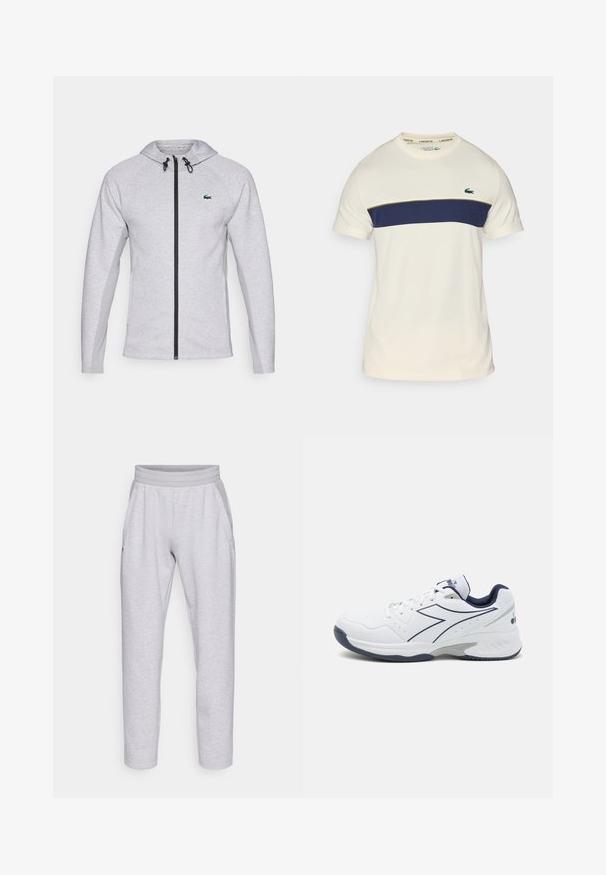 Hanorac gri cu fermoar, dotat cu fermoar negru și șnur. Panouri laterale texturate și un logo verde pe piept completează designul.; Tricou Lacoste crem și bleumarin cu guler rotund, mâneci scurte și un design cu blocuri de culoare orizontale. Prezintă un logo verde cu crocodil.; Pantaloni de trening gri deschis, confecționați dintr-un material moale, având un talie elastică, două buzunare laterale și picioare conice cu tiv.; Pantofii sport albi cu accente bleumarin, panouri din plasă și o talpă texturată. Dispun de un design cu șireturi și un detaliu proeminent al logo-ului pe lateral.
