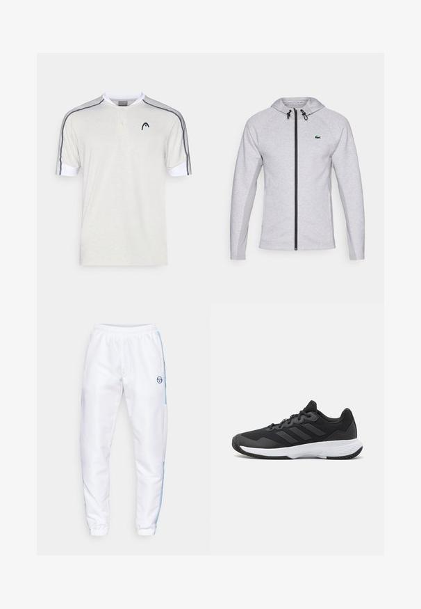 Šedá mikina s kapucňou a zipsom, vybavená čiernym zipsom a šnúrkou na stiahnutie. Textúrované bočné panely a zelené logo na hrudi dotvárajú dizajn.; Polo tričko s krátkym rukávom v svetlosivej bavlne, s bielym golierom, dvojitým gombíkom a tmavosivými pruhmi na ramenách.; Biele športové nohavice s svetlomodrými bočnými panelmi, elastickým pásom a sťahovacími lemami. Na hornej ľavej strane sa nachádza logo. Hladká textúra.; Čierna atletická topánka s textúrovaným zvrškom, s tromi horizontálnymi pruhmi a bielou podrážkou s vzorovaným profilom. Ľahký a aerodynamický dizajn.