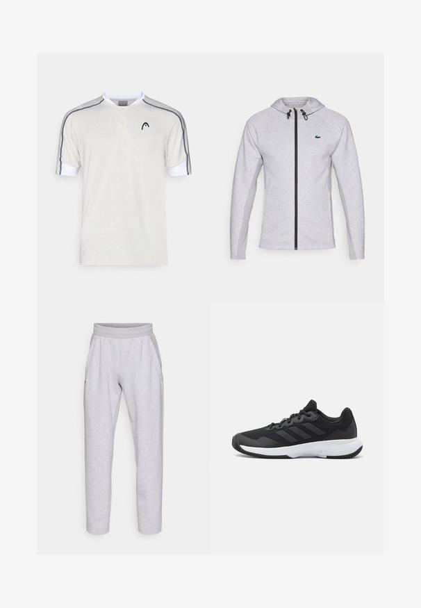 Felpa grigia con zip, caratterizzata da una zip nera e un cordino. I pannelli laterali testurizzati e un logo verde sul petto completano il design.; Polo a maniche corte in cotone grigio chiaro, con colletto bianco, patta con due bottoni e strisce di accento grigio scuro sulle spalle.; Pantaloni sportivi grigi chiari realizzati in tessuto morbido, con vita elasticizzata, due tasche laterali e gambe a fascio con orlo elasticizzato.; Scarpa da ginnastica nera con parte superiore texturizzata, tre strisce orizzontali e una suola bianca con battistrada a motivo. Design leggero e aerodinamico.