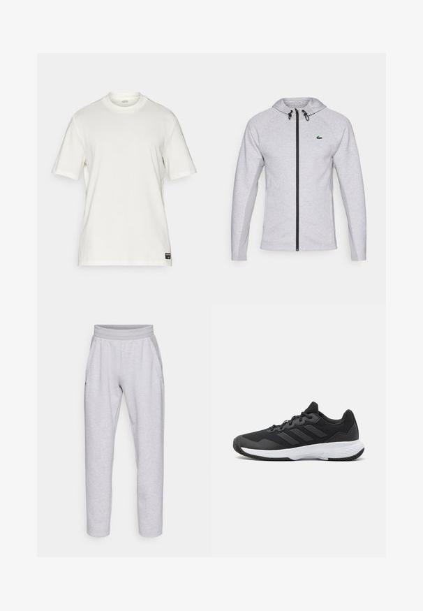 Pilkas džemperis su užtrauktuku, turintis juodą užtrauktuką ir raištelį. Tekstūruoti šoniniai skydeliai ir žalias logotipas krūtinėje užbaigia dizainą.; Balta medvilninė trumpomis rankovėmis marškinėliai su apvaliu kaklu, minimalistinio dizaino ir maža logotipo etikete apatinėje kairėje pusėje.; Šviesiai pilkos sportinės kelnės, pagamintos iš minkštos medžiagos, turi elastingą liemenį, dvi šonines kišenes ir siaurėjančius kojų kraštus su apvadu.; Juodas sportinis batelis su tekstūruota viršutine dalimi, trimis horizontaliomis juostelėmis ir baltu padu su raštuotu protektoriumi. Lengvas ir aerodinamiškas dizainas.