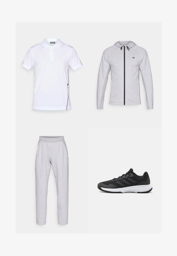 Γκρίζα μπλούζα με φερμουάρ, με μαύρο φερμουάρ και κορδόνι. Μοναδικά όψη πλευρικών πάνελ και πράσινο λογότυπο στο στήθος ολοκληρώνουν το σχέδιο.; Λευκό πουκάμισο πόλο από λείο ύφασμα με τριπλό κουμπί, κοντά μανίκια και πλαϊνή μαύρη γραμμή.; Ανοιχτό γκρι αθλητικά παντελόνια φτιαγμένα από μαλακό ύφασμα, με ελαστική μέση, δύο πλαϊνές τσέπες και σύνολο που στενεύει προς τα κάτω με μανσέτα.; Μαύρο αθλητικό παπούτσι με υφασμάτινη επιφάνεια, τρεις οριζόντιες ρίγες και λευκή σόλα με μοτίβο. Ελαφρύ και μοντέρνο σχέδιο.