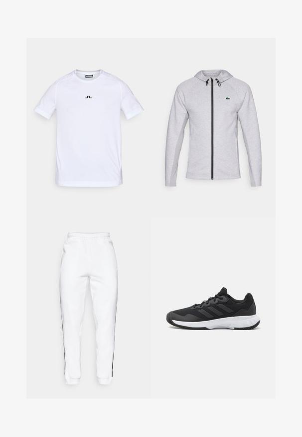 Šedá mikina s kapucí a zipem, vybavená černým zipem a šňůrkou. Texturované boční panely a zelené logo na hrudi dotvářejí design.; Bílé sportovní tričko s krátkým rukávem vyrobené z lehkého materiálu. Obsahuje jemné černé logo na hrudi a ergonomický střih pro maximální pohodlí.; Bílé tepláky s elastickým pasem, zdobené černými bočními pruhy a manžetami. Vyrobené z měkké tkaniny s hladkým povrchem.; Černá sportovní obuv s texturovaným svrškem, třemi vodorovnými pruhy a bílou podrážkou s vzorovaným profilem. Lehký a aerodynamický design.