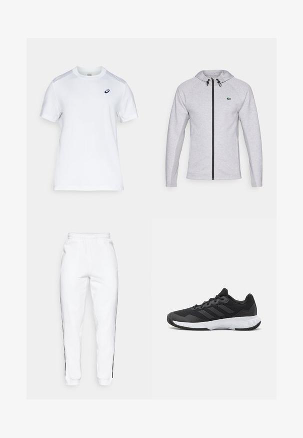 Huppari harmaata väriä, jossa on vetoketju, musta vetoketju ja nyöri. Rakennepuolella on teksturoitu paneeli ja rintataskussa vihreä logo viimeistelee muotoilun.; Valkoinen urheilupaita, joka on valmistettu kevyestä ja hengittävästä kankaasta. Sen ominaisuuksiin sisältyvät lyhyet hihat, pyöreä kaula-aukko ja pieni laivaston sininen logo rinnassa.; Valkoiset collegehousut, joissa on joustava vyötärö ja mustat sivuraidat sekä hihansuut. Ne ovat valmistettu pehmeästä kankaasta, jolla on sileä pinta.; Musta urheilukenkä, jossa on teksturoidut päälliset, kolme vaakasuoraa raitaa ja valkoinen pohja, jossa on kuvioitu kulutuspinta. Kevyt ja virtaviivainen muotoilu.