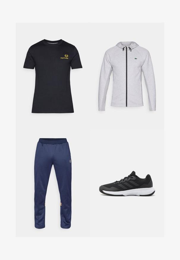 Grå hættetrøje med lynlås, der har en sort lynlås og snore. Teksturerede sidedele og et grønt logo på brystet fuldender designet.; Sort kortærmet t-shirt lavet af bomuld. Har et gult logo trykt på venstre bryst. Klassisk rund halsudskæring, glat tekstur.; Mørkeblå træningsbukser med elastisk talje, to side striber i orange på de nederste ben og et logo på den øverste højre ben.; Sort atletisk sko med en struktureret overdel, tre vandrette striber og en hvid sål med et mønstret slidbane. Letvægts- og strømlinet design.