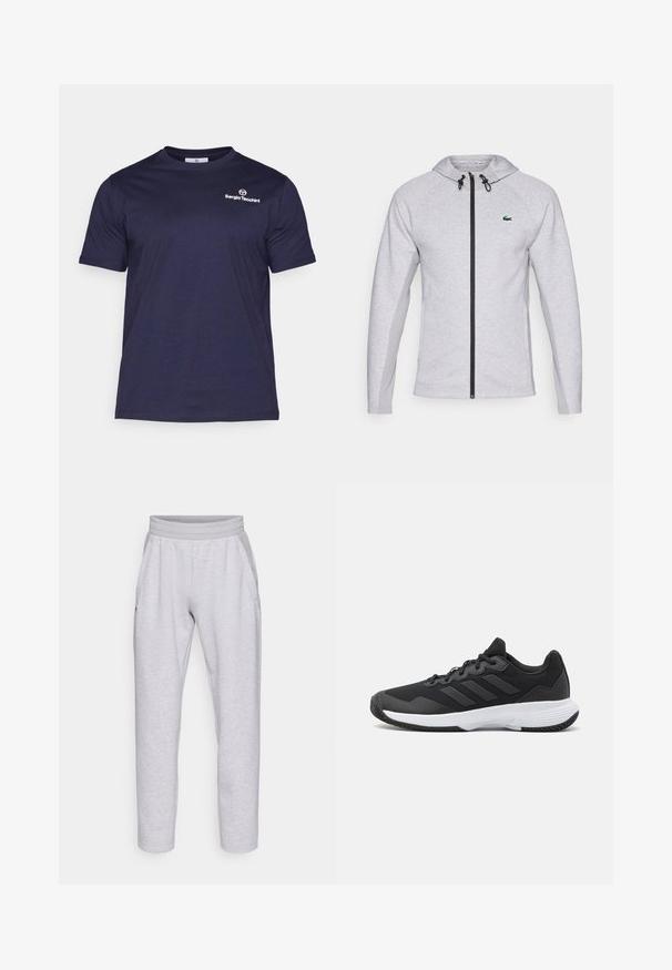 Šedá mikina s kapucí a zipem, vybavená černým zipem a šňůrkou. Texturované boční panely a zelené logo na hrudi dotvářejí design.; Sergio Tacchini BOLD - Jednoduché tričko - navy/white; Světlé šedé tepláky vyrobené z měkkého materiálu, s elastickým pasem, dvěma bočními kapsami a zúženými nohavicemi s manžetami.; Černá sportovní obuv s texturovaným svrškem, třemi vodorovnými pruhy a bílou podrážkou s vzorovaným profilem. Lehký a aerodynamický design.