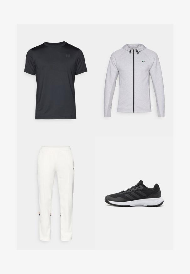 Gray hoodie with a zipper, featuring a black zip and drawstring. Textured side panels and a green logo on the chest complete the design.; Black short-sleeve t-shirt made of smooth fabric, featuring a round neck and subtle logo on the chest. Casual fit with no visible patterns.; White jogger pants made of soft fabric, featuring side pockets and colored stripes at the ankle with orange and blue accents.; Black athletic shoe featuring a textured upper, three horizontal stripes, and a white sole with a patterned tread. Lightweight and streamlined design.