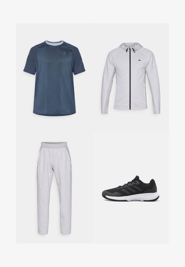 Gray hoodie with a zipper, featuring a black zip and drawstring. Textured side panels and a green logo on the chest complete the design.; Short-sleeve athletic shirt in dark navy, made of textured fabric. Features contrast collar and subtle logo detailing on the chest.; Light grey sweatpants made from soft fabric, featuring an elastic waistband, two side pockets, and tapered legs with a cuffed hem.; Black athletic shoe featuring a textured upper, three horizontal stripes, and a white sole with a patterned tread. Lightweight and streamlined design.