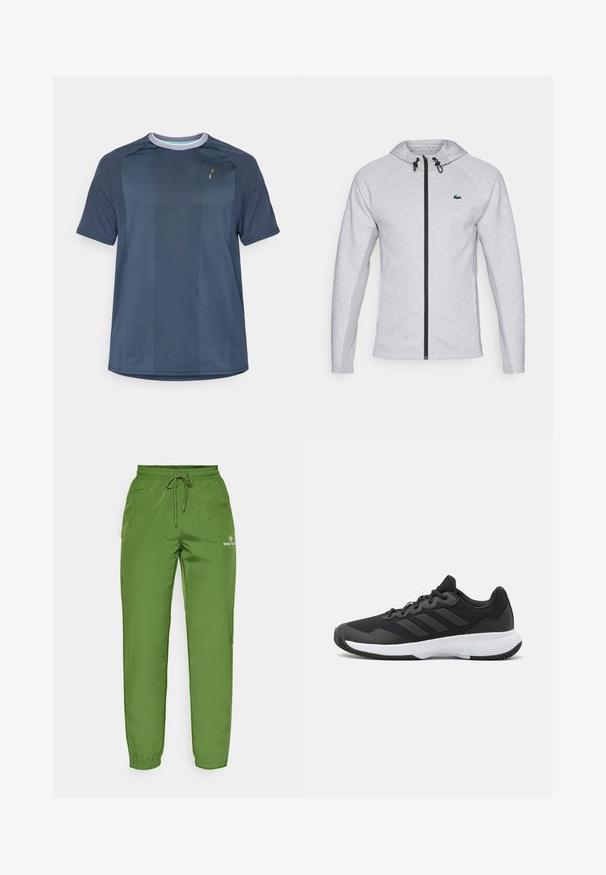 Huppari harmaata väriä, jossa on vetoketju, musta vetoketju ja nyöri. Rakennepuolella on teksturoitu paneeli ja rintataskussa vihreä logo viimeistelee muotoilun.; Lyhythihainen urheilupaita tummansinisestä, kohotetusta kankaasta. Siinä on kontrastivärinen kaulus ja hillitty logopainatus rinnassa.; Vihreät, kevyet juoksuhousut, joissa on joustava vyötärö, nyörisuljenta ja logotaito vasemmalla puolella. Sileä, kiiltävä pinta.; Musta urheilukenkä, jossa on teksturoidut päälliset, kolme vaakasuoraa raitaa ja valkoinen pohja, jossa on kuvioitu kulutuspinta. Kevyt ja virtaviivainen muotoilu.