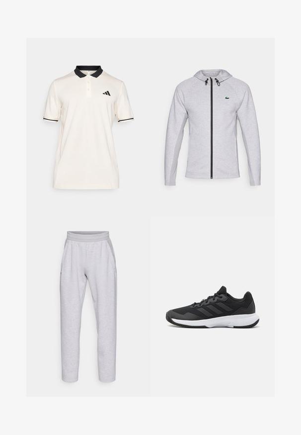 Grå hettegenser med glidelås, med svart glidelås og snor. Teksturområder på sidene og en grønn logo på brystet fullfører designet.; Krem polo skjorte med svart krage og striping. Tre knappeplasser. Venstre bryst har en svart Adidas-logo. Myk stofftekstur.; Lys grå joggebukser laget av mykt stoff, med elastisk linning, to sidelommer og smale ben med mansjett.; Svart idrettssko med teksturert overdel, tre horisontale striper, og en hvit såle med mønstret gummibunn. Lettvekts og strømlinjeformet design.