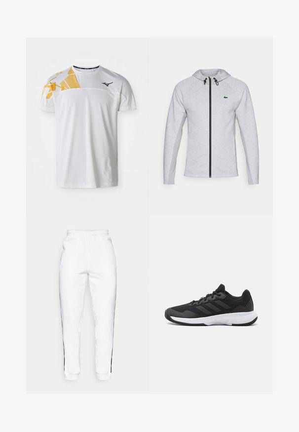 Felpa grigia con zip, caratterizzata da una zip nera e un cordino. I pannelli laterali testurizzati e un logo verde sul petto completano il design.; Maglietta sportiva bianca con un motivo geometrico giallo su una spalla, texture liscia, colletto rotondo e logo grigio scuro.; Pantaloni della tuta bianchi con cintura elastica, caratterizzati da strisce laterali nere e polsini. Realizzati in tessuto morbido con una texture liscia.; Scarpa da ginnastica nera con parte superiore texturizzata, tre strisce orizzontali e una suola bianca con battistrada a motivo. Design leggero e aerodinamico.