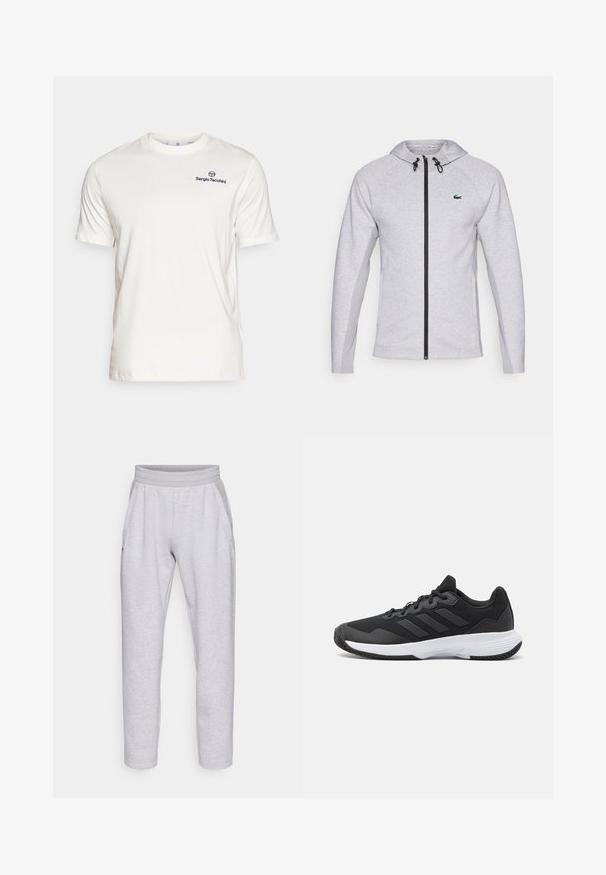 Pilkas džemperis su užtrauktuku, turintis juodą užtrauktuką ir raištelį. Tekstūruoti šoniniai skydeliai ir žalias logotipas krūtinėje užbaigia dizainą.; Sergio Tacchini BOLD - Paprasti marškinėliai - gardenia/navy; Šviesiai pilkos sportinės kelnės, pagamintos iš minkštos medžiagos, turi elastingą liemenį, dvi šonines kišenes ir siaurėjančius kojų kraštus su apvadu.; Juodas sportinis batelis su tekstūruota viršutine dalimi, trimis horizontaliomis juostelėmis ir baltu padu su raštuotu protektoriumi. Lengvas ir aerodinamiškas dizainas.
