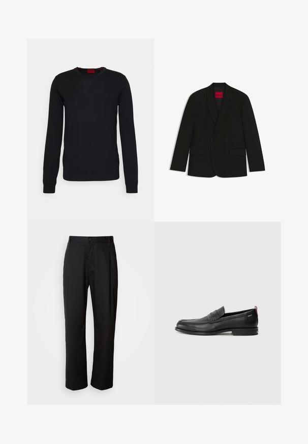 Black blazer made from smooth fabric. Features notched lapels, two front pockets, and a bold red label inside with "HUGO" branding.; HUGO SAN CEDRIC - Jumper - black; Black trousers with a straight cut, made of lightweight fabric. Features a front button closure and two side pockets; smooth texture.; Black leather loafers with a textured front panel and smooth sides. Features a slim heel and rear loop for easy wear. Classic design.