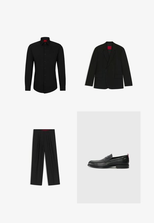 Schwarzer Blazer aus glattem Stoff. Mit Reverskragen, zwei Vorderaschen und einem auffälligen roten Etikett innen mit "HUGO"-Markenlogo.; Schwarzes Langarmhemd mit Knopfleiste, klassischem Kragen und abgerundetem Saum; verfügt über schwarze Knöpfe und ein rotes Logo im Kragen.; Schwarze weit geschnittene Hosen mit flachem Bund, zwei seitlichen Taschen, gefaltetem Design und einem kontrastierenden roten Innenbund.; Schwarze Lederloafers mit einem strukturierten Vorderteil und glatten Seiten. Sie verfügen über einen schmalen Absatz und eine Schlaufe an der Rückseite für einfaches Anziehen. Klassisches Design.