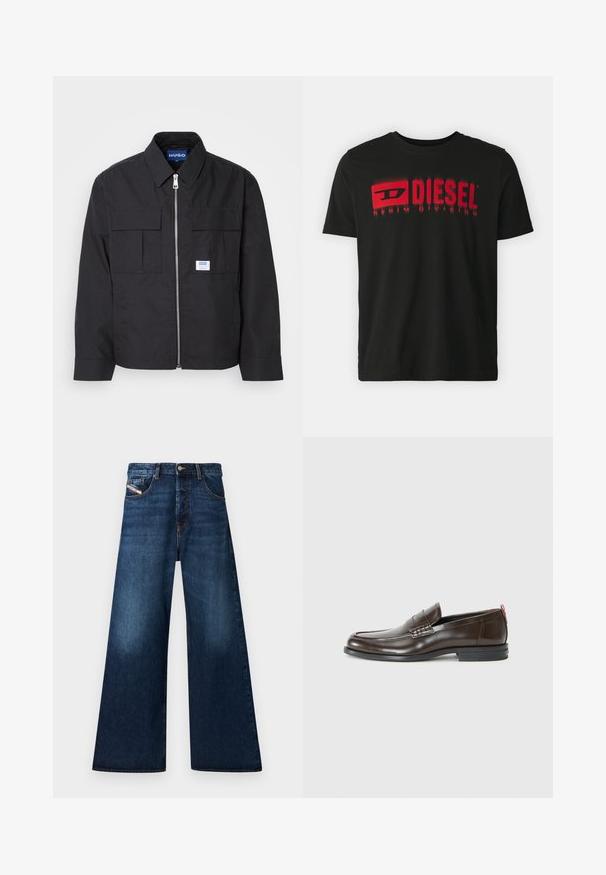 Melna jakas ar rāvējslēdzēju priekšpusē, norādītu apkakli un divām krūšu kabatām. Iekļauj uzlīmi un teksturētu audumu. Pielāgota silueta ar garām piedurknēm.; Melnā kokvilnas T-krekls ar sarkano "DIESEL" logo un "DENIM DIVISION" tekstu. Īsas piedurknes, apaļa apkakle, gluda tekstūra, brīva piegriezuma.; Platas kājas tumši džinsi ar augstu jostasvietu. Iezīmēti ar piecām kabatām, pogu aizdari un izbalējušu apdari apakšstilbos.; Brūni ādas loafers ar gludu apdari, apaļu purngalu, dekoratīvu šuvju un kontrastējošu sarkanu akcentu uz papēža. Gumijas zole.
