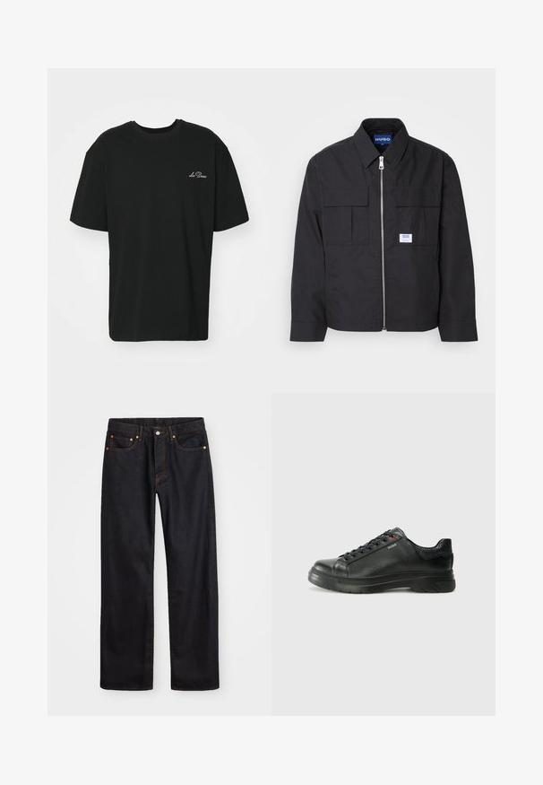 Μαύρο τζάκετ με φερμουάρ μπροστά, μυτερό γιακά και δύο τσέπες στο στήθος. Διαθέτει λογότυπο με πενσάκι και υφή. Ραμμένο fit με μακριά μανίκια.; Μαύρο βαμβακερό T-shirt με κοντά μανίκια, στρογγυλή λαιμόκοψη και διακριτική κεντημένη λεπτομέρεια "Les Deux" σε ανοιχτό χρώμα στο αριστερό στήθος.; Ανδρικό τζιν παντελόνι σε ευθεία γραμμή, μαύρου χρώματος, με πέντε τσέπες και πορτοκαλί ραφές, με κουμπί και φερμουάρ στον μπροστινό ιμάντα.; Μαύρο δερμάτινο αθλητικό παπούτσι με υφαντή επάνω επιφάνεια, αφρώδες κολάρο και κόκκινη λεπτομέρεια λογότυπου. Διαθέτει παχύ καουτσούκ πάτο με χαρακτηριστικό μοτίβο πέλματος.