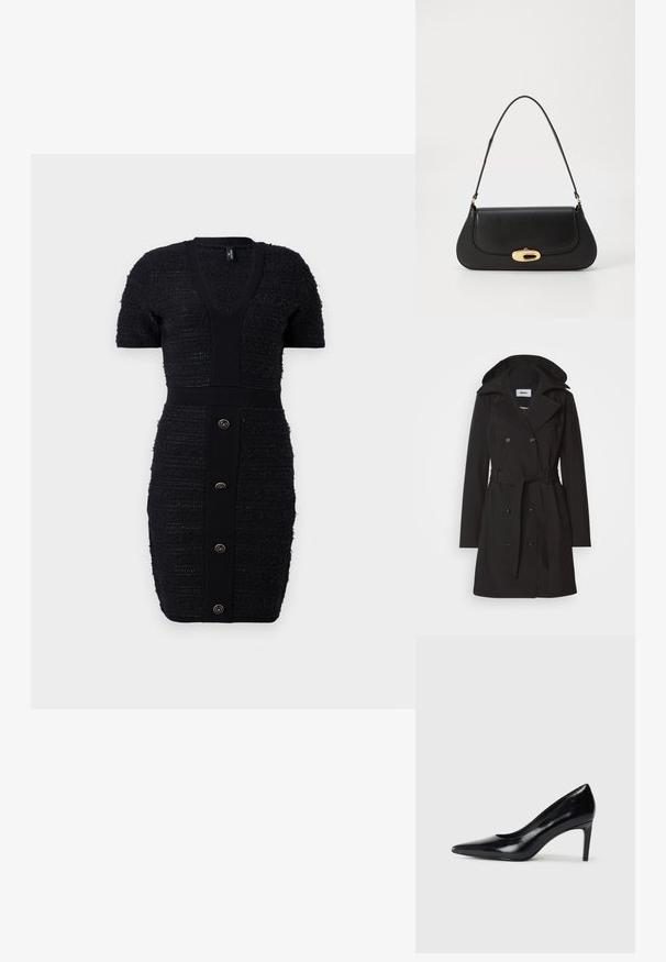 Crna trench kaput s dvostrukim kopčanjem, velikim ovratnikom, podesivim pojasom i kapuljačom. Izrađen od glatkog, svilenog materijala.; Crna pletena haljina s V-izrezom, kratkim rukavima i teksturiranim prugama. Ima uski kroj i šest zlatnih gumba sprijeda.; Crna kožna cipela na visokom potpeticu s špicastim prstom, glatke teksture i sužavajućom potpeticom. Minimalistički dizajn, bez dodatnih ukrasa.; Crna kožna torba s zakrivljenim dizajnom, zlatnim detaljima i gornjom drškom. Ima elegantno zatvaranje i glatku teksturu.