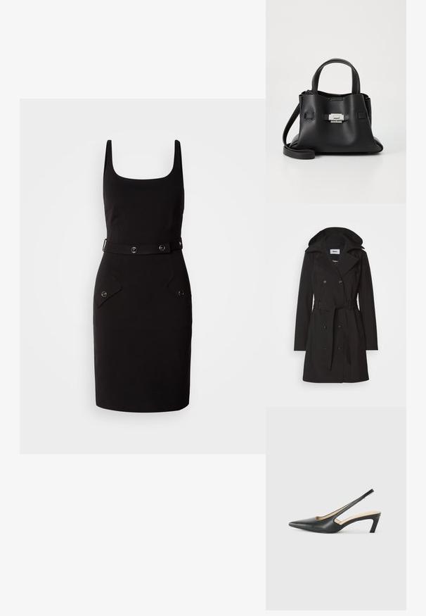 Crna trench kaput s dvostrukim kopčanjem, velikim ovratnikom, podesivim pojasom i kapuljačom. Izrađen od glatkog, svilenog materijala.; Crna pripijena haljina sa četvrtastim izrezom, podesivim remenom sa kružnim metalnim detaljima i dva prednja dzepa s zaobljenim preklopima.; Crne cipele s izduženim vrhom i remenom oko pete, s niskom petom, izrađene od glatke kože i s izrezbarenom stranom radi prozračnosti.; Crna kožna torba s teksturiranim završnim obradom, koja ima dva gornja ručka, odvojivu naramenicu i detalj s srebrnim kopčanjem.