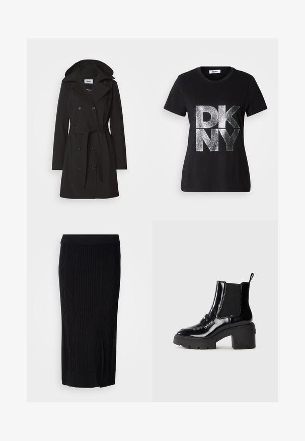 Crna trench kaput s dvostrukim kopčanjem, velikim ovratnikom, podesivim pojasom i kapuljačom. Izrađen od glatkog, svilenog materijala.; Crna majica s kratkim rukavima s velikim srebrnim glitterastim slovima "DKNY" na prednjoj strani i okruglim izrezom na vratu.; Crna pletena midi suknja s rebrastom teksturom i dijamantnim uzorcima te bočnim prorezom. Mekani materijal s uskim pojasom.; Crne patent kožne gležnjače s debelim potpeticama, elastičnim bočnim panelima, dekorativnom trakom i kontrastnim šavovima. Glatka tekstura s sjajnim završetkom.
