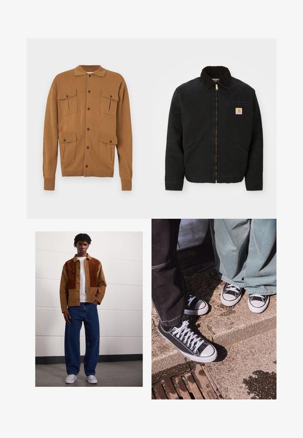 Chaqueta negra con cremallera y cuello de pana marrón, dos bolsillos laterales y un pequeño parche cuadrado con el logo de Carhartt en el lado izquierdo del pecho.; Cardigan marrón con cuello tipo camisa, dos bolsillos parche en la parte frontal, cierre de cuatro botones y puños con ribete. Textura suave, diseño de corte casual.; Camiseta de algodón gris con cuello redondo, mangas cortas y un diseño liso, que presenta una textura suave y lisa, sin patrones ni adornos visibles.; Hombre de pie en interiores, vistiendo una chaqueta de pana marrón con parches de óxido, camiseta blanca, jeans azules holgados y zapatillas blancas.; Zapatillas bajas de lona negras con punteras y cordones de goma blanca, combinadas con pantalones de mezclilla verde anchos, sobre una superficie de piedra texturizada.