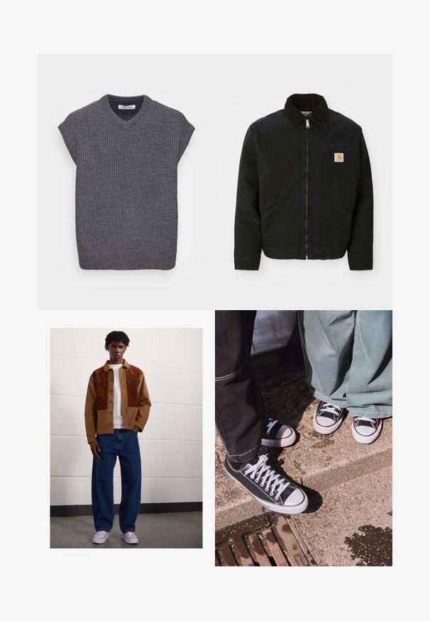 Casaco preto com fecho zip, colarinho de cabedal castanho, dois bolsos laterais e um pequeno patch quadrado com o logótipo da Carhartt no lado esquerdo do peito.; Samsøe Samsøe ANDERS VEST - Camisola - grey; Homem de pé dentro de casa, vestindo um casaco de veludo cotelê castanho com mancha de ferrugem, uma t-shirt branca, jeans azuis largos e sapatilhas brancas.; Sapatilhas baixas em tela preta com bicos e cordões de borracha brancos, combinadas com calças de ganga largas verdes, sobre uma superfície de pedra texturizada.