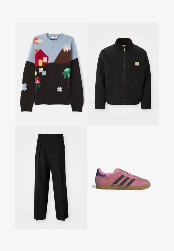 Schwarze zip-up Jacke mit braunem Cordkragen, zwei Seitentaschen und einem kleinen quadratischen Carhartt-Logo-Patch auf der linken Brust.; Strickpullover mit blauem Oberteil, schwarzem Grund und bunten Mustern von einem Haus, Bergen, Blumen und Wolken in verschiedenen Farben und Texturen.; Schwarze, plissierte Hose mit geradem, weitem Bein. Hergestellt aus glattem Stoff, mit Knopfverschluss und Gürtelschlaufen.; Rosa Wildleder-Sneaker mit schwarzen Streifen, Gummisohle und strukturiertem lila Fersenbereich. Verfügt über ein Schnürdesign und geprägte Markenkennzeichnung an der Seite.