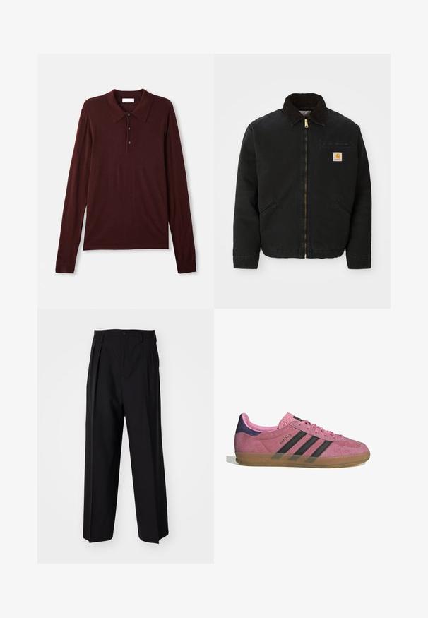 Mustapaita, jossa on ruskea corduroy-kaulus, kaksi sivutaskua ja pieni neliömäinen Carhartt-logopatchi vasemmassa rinnassa.; Pitkähihaiset, syvän viininpunaiset polo paidat pehmeästä kankaasta. Ominaisuuksiin kuuluu klassinen kaulus, kolme nappia ja istuvat hihansuut.; Mustat laskostetut housut, joissa on suora, leveä lahje. Valmistettu sileästä kankaasta, jossa on nappisuljenta ja vyölenkit.; Vaaleanpunaiset mokkanahkakengät mustilla raidoilla, kumipohjalla ja teksturoidulla purppurakorkealla. Varustettu nauhakiinnityksellä ja kohokuvioidulla brändäyksellä sivussa.