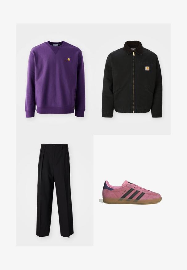 Zwarte ritsjack met een bruine corduroy kraag, twee zijzakken en een klein vierkant Carhartt logo-patch op de linkerborst.; Paarse crewneck sweatshirt heeft een zachte textuur, ribgebreide manchetten en een klein geborduurd logo in geel en bordeaux op de borst.; Zwarte geplooide broeken met een rechte, brede pijpontwerp. Gemaakt van soepele stof, met een knoopsluiting en riemlussen.; Roze suède sneaker met zwarte strepen, rubberen zool en textuur op de paarse hak. Voorzien van een vetersluiting en opgedrukte merknaam aan de zijkant.