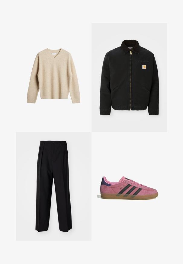 Fekete zipzáras dzseki barna kordbársony gallérral, két oldalsó zsebbe és egy kis négyzet alakú Carhartt logóval a bal mellen.; Beige, bordázott kötött pulóver V-nyakkivágással és hosszú ujjakkal. Lazán illeszkedő fazonnal és texturált anyaggal rendelkezik, amely extra meleget és kényelmet biztosít.; Fekete, pliszírozott nadrág, egyenes, széles lábakkal. Sima anyagból készült, gombos záródással és övhurkokkal rendelkezik.; Rózsaszín velúr sportcipő fekete csíkkal, gumi talppal és texturált lila sarokkal. Fűzős kialakítással és a márka dombornyomott logójával az oldalon.