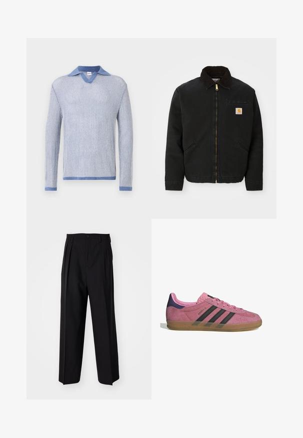 Black zip-up jacket with brown corduroy collar, two side pockets, and a small square Carhartt logo patch on the left chest.; Light blue knitted sweater with long sleeves, featuring a V-neck and a contrasting denim collar. Soft texture and standard fit.; Black pleated trousers with a straight, wide-leg design. Made from smooth fabric, featuring a button closure and belt loops.; Pink suede sneaker with black stripes, gum sole, and textured purple heel. Features a lace-up design and embossed branding on the side.