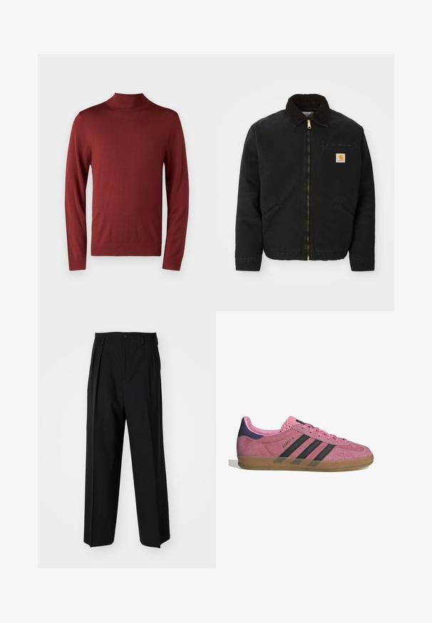 Giacca nera con zip e colletto in corduroy marrone, due tasche laterali e una piccola toppa quadrata con il logo Carhartt sul petto sinistro.; Maglione a collo alto rosso realizzato in morbido tessuto a maglia, con maniche lunghe, polsini e collo a coste, dalla texture liscia e uniforme.; Pantaloni neri a pieghe con un design dritto e gamba larga. Realizzati in tessuto morbido, con chiusura a bottone e passanti per cintura.; Sneaker in suede rosa con strisce nere, suola in gomma e tallone texturizzato viola. Presenta un design con lacci e un marchio in rilievo sul lato.