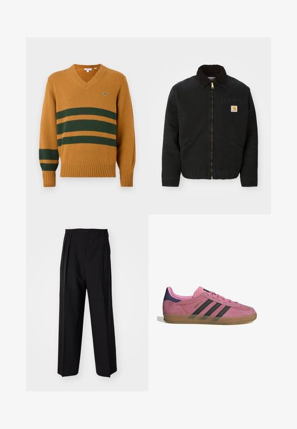 Giacca nera con zip e colletto in corduroy marrone, due tasche laterali e una piccola toppa quadrata con il logo Carhartt sul petto sinistro.; Maglione giallo senape a V con strisce orizzontali verde scuro sul petto e sulla manica sinistra, caratterizzato da un piccolo logo di coccodrillo sul petto.; Pantaloni neri a pieghe con un design dritto e gamba larga. Realizzati in tessuto morbido, con chiusura a bottone e passanti per cintura.; Sneaker in suede rosa con strisce nere, suola in gomma e tallone texturizzato viola. Presenta un design con lacci e un marchio in rilievo sul lato.